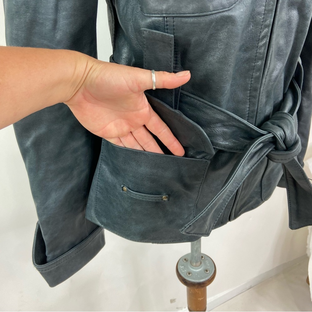 Vincent’s charcoal gray black belted leather moto biker jacket. - Picture 15 of 15